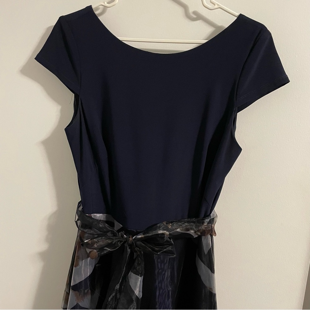 Navy High-Low Dress with large Floral Detail 6 - Picture 2 of 8